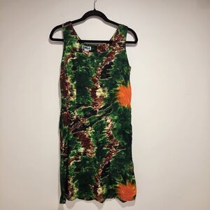 Vintage 90s TIE DYE Colorful Rayon Shift Midi Dress XL Grunge Hippie Festival